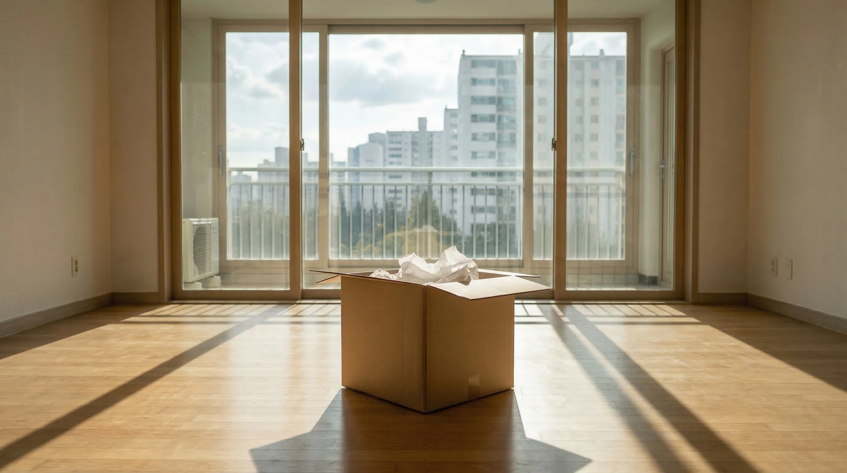 햇빛이 드는 빈 아파트와 이사 박스