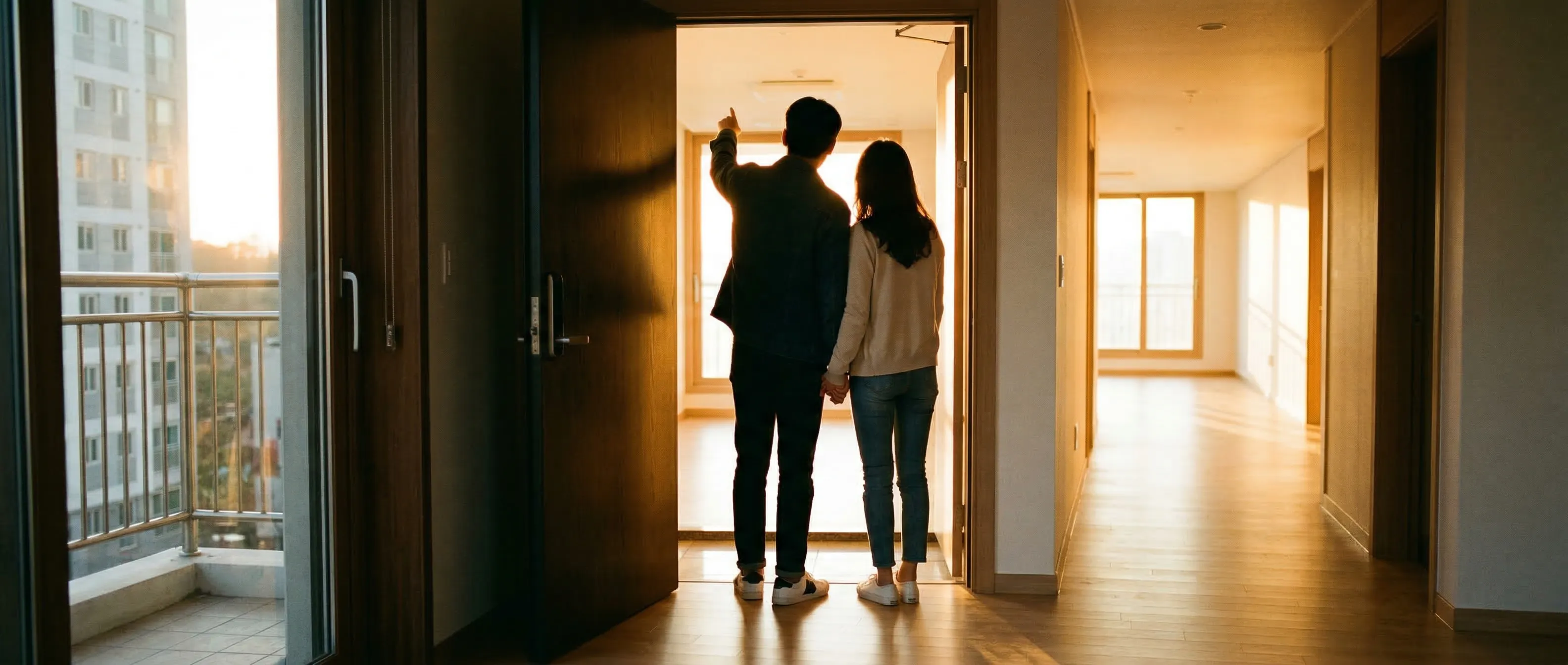 새 아파트 입구에 서 있는 커플