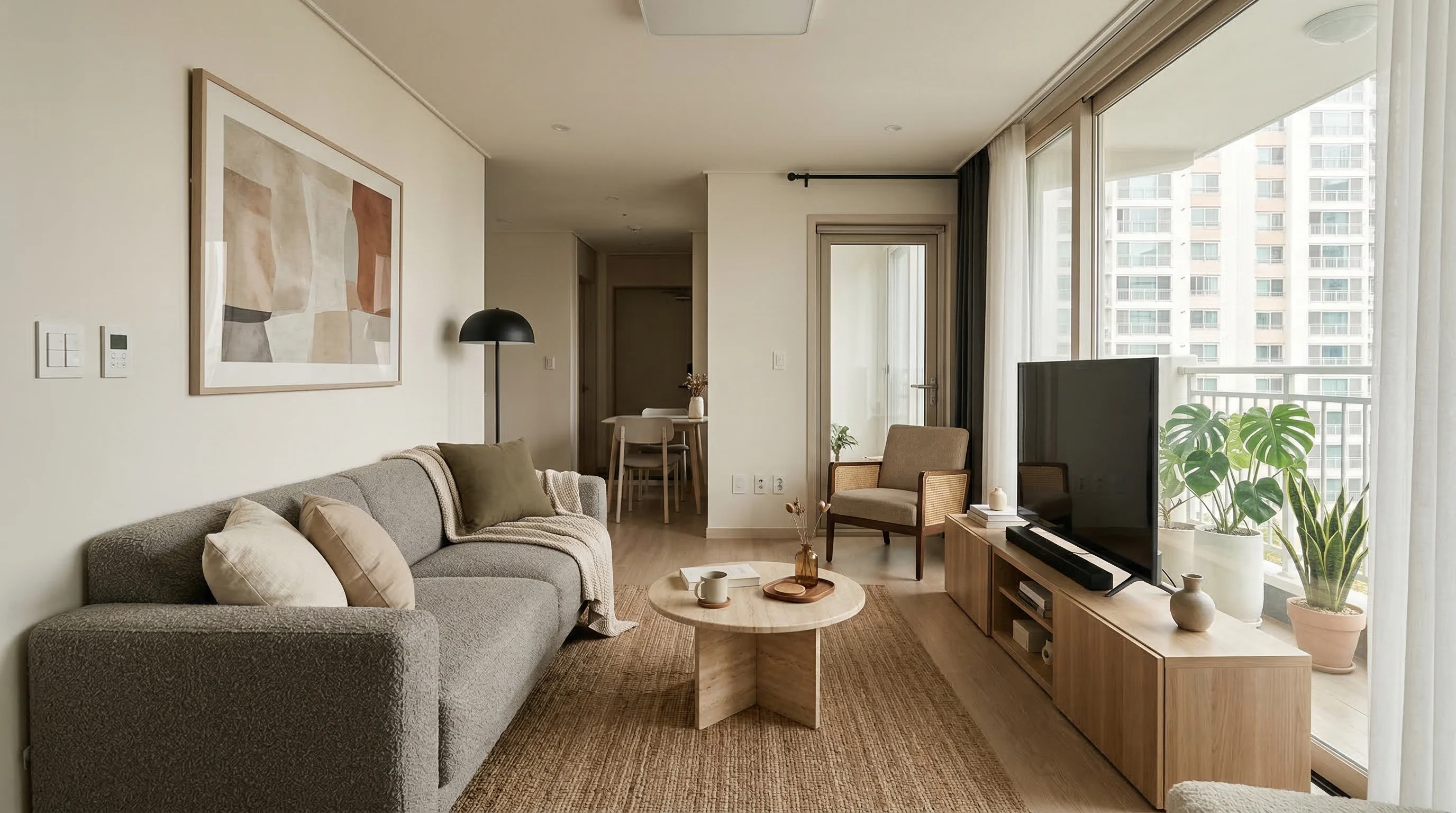 따뜻한 골든아워 햇살이 스며드는 모던 아파트, 정돈된 크라프트 이사 박스들